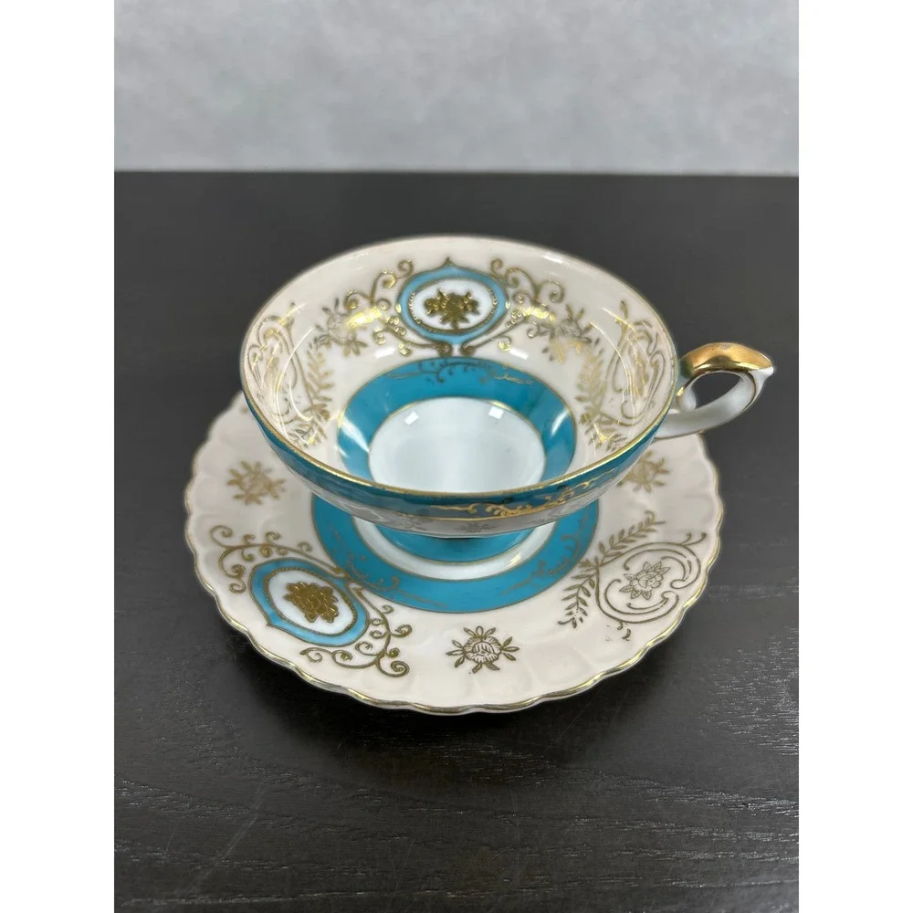 Vintage Ucagco China Teacup Saucer Set Turquoise Gold Gilt Hand Painted Japan